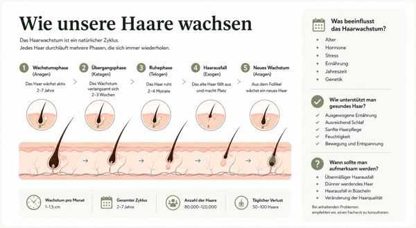 Detaillierte Bildungs-Infografik mit der Hauptüberschrift „Wie unsere Haare wachsen“, die den fünfphasigen Haarwachstumszyklus, Statistiken und Ratschläge visualisiert. Die zentrale Grafik eines Hautquerschnitts zeigt die Haarfollikel in fünf Wachstumsphasen: Wachstumsphase (Anagen) – das Haar wächst aktiv (2–7 Jahre), Übergangsphase (Katagen) – das Wachstum verlangsamt sich und das Haar löst sich von der Haarzwiebel (2–3 Wochen), Ruhephase (Telogen) – das Haar ruht und die Haarzwiebel ist verkleinert (2–4 Monate), Ausfallphase (Exogen) – das alte Haar fällt aus und macht Platz für ein neues, Neuwachstum (Anagen) – ein neues Haar beginnt aus dem Follikel zu wachsen. Die untere Leiste fasst die wichtigsten Statistiken zusammen: durchschnittliches Wachstum pro Monat (1–1,5 cm), gesamter Zyklus (2–7 Jahre), Anzahl der Haare auf dem Kopf (80.000–120.000) und durchschnittlicher täglicher Haarausfall (50–100 Haare). Das rechte Feld enthält drei Bildungsbereiche: Warum verändert sich die Haarmenge? (Faktoren wie Alter, Hormone, Stress, Ernährung, Jahreszeiten, Genetik), Wie unterstützt man gesundes Haar? (Pflegetipps wie ausgewogene Ernährung, ausreichend Schlaf, schonende Pflege, Hydratation, Bewegung und Entspannung) und Wann sollte man aufmerksam werden? (Warnsignale wie übermäßiger Haarausfall, Ausdünnung oder Geheimratsecken, Veränderung der Haarqualität).
